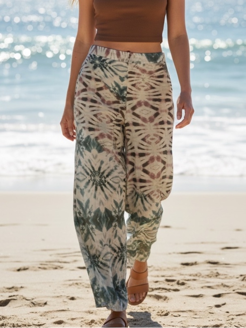 Zara Palazzo-Style Pants Sheer Wide Leg Swimwear Cover-up Trouser Beachy Tie-Dye